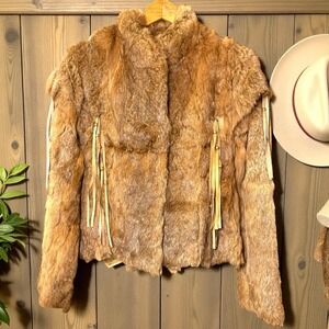 Vintage Dyed Rabbit Fur Jacket Boho Western Fringe Coat Women's Size S/M